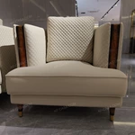 Light Beige Leather Sofa Set with Diamond Quilted Craftsmanship, Natural Wood Veneer & Gold-Tipped Stainless Steel Wooden Legs